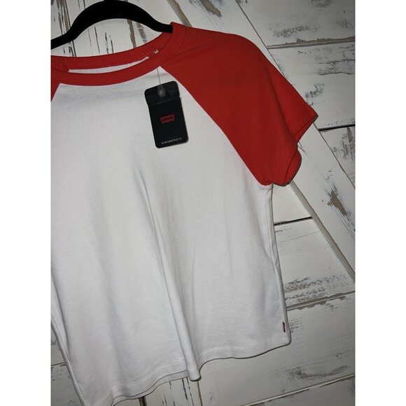 Levi's White Red White Ringer Baseball Baby Tee Size XL Cotton Cropped - Picture 2 of 7